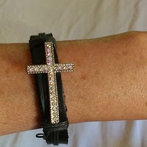 Leather sparkly rhinestone Cross bracelet